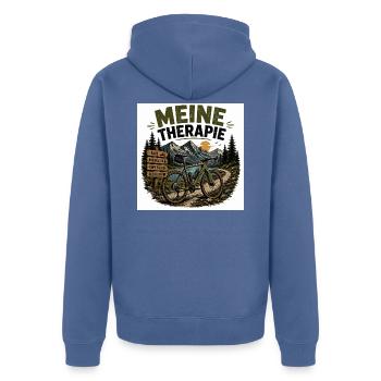 Meine Therapie: Bergbike Auszeit - Unisex Premium Bio Zip Hoodie - Taubenblau - Hinten - Nico (187cm)