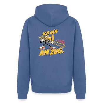 Ich bin am Zug – Lustiges Posaunen-Maskottchen - Unisex Premium Bio Zip Hoodie - Taubenblau - Hinten - Nico (187cm)