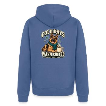 Deutscher Schäferhund Winterkaffee – Loyale Firma - Unisex Premium Bio Zip Hoodie - Taubenblau - Hinten - Nico (187cm)