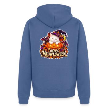 Meowloween: Die Katze im Halloween-Kürbis - Unisex Premium Bio Zip Hoodie - Taubenblau - Hinten - Nico (187cm)