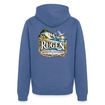 Rügen Küstenwind Kreideküste - Unisex Premium Bio Zip Hoodie - Taubenblau - Hinten - Nico (187cm)