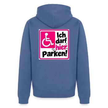 Ich darf hier Parken Sign - Unisex Premium Bio Zip Hoodie - Taubenblau - Hinten - Nico (187cm)