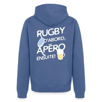 Rugby et apéro - Veste à capuche bio Premium Unisexe - bleu pigeon - Dos - Nico (187cm)