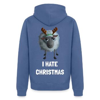 I hate Christmas Schaf - Weihnachtsmuffel Geweih - Unisex Premium Bio Zip Hoodie - Taubenblau - Hinten - Nico (187cm)
