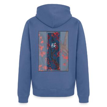 Dark Sakura Sumi-e Kanji - Unisex Premium Organic Zip Hoodie - stone blue - Back - Nico (187cm)