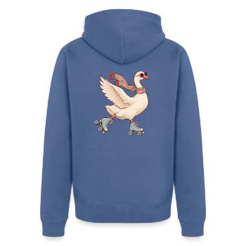 Gans auf Rollschuhen – verspielter Vintage-Druck - Unisex Premium Bio Zip Hoodie - Taubenblau - Hinten - Nico (187cm)