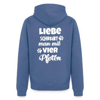 Liebe schreibt man mit vier Pfoten Hund Katzen - Unisex Premium Bio Zip Hoodie - Taubenblau - Hinten - Nico (187cm)