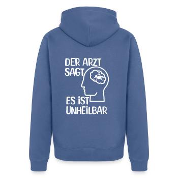 Moto - Le médecin dit que c’est incurable - Veste à capuche bio Premium Unisexe - bleu pigeon - Dos - Nico (187cm)
