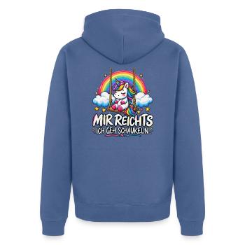 Mir reicht’s – Ich geh schaukeln - Unisex Premium Bio Zip Hoodie - Taubenblau - Hinten - Nico (187cm)
