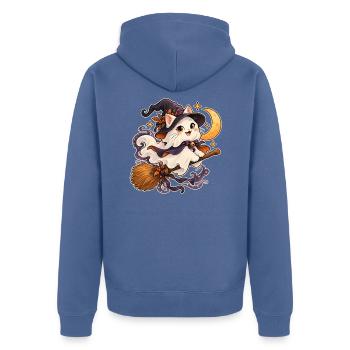 Geisterkatze auf einem Besen - Unisex Premium Bio Zip Hoodie - Taubenblau - Hinten - Nico (187cm)