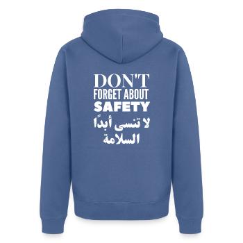 Vergessen Sie nicht die Sicherheit - Unisex Premium Bio Zip Hoodie - Taubenblau - Hinten - Nico (187cm)