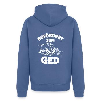 Befördert zum Ged Wöd Gedi Patenonkel Österreich - Unisex Premium Bio Zip Hoodie - Taubenblau - Hinten - Nico (187cm)