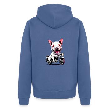 Bull Terrier whole very furious riding motorcycle - Unisex Premium Organic Zip Hoodie - stone blue - Back - Nico (187cm)
