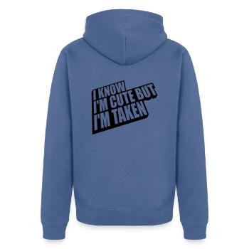 cute but taken quote - Unisex Premium Organic Zip Hoodie - stone blue - Back - Nico (187cm)