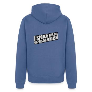 speak lyrics and sarcasm - Unisex Premium Organic Zip Hoodie - stone blue - Back - Nico (187cm)