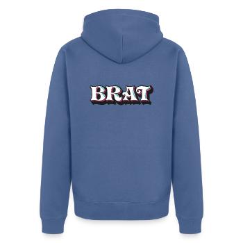 Brat, cheeky gore, 3D decorative writing, graffiti - Unisex Premium Organic Zip Hoodie - stone blue - Back - Nico (187cm)