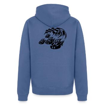 Autorallye Hoodie bedrucken und Text selber gestal - Unisex Premium Bio Zip Hoodie - Taubenblau - Hinten - Nico (187cm)