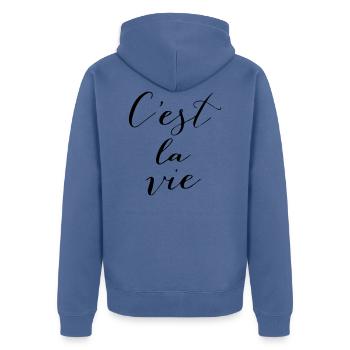 C'est la vie - Unisex Premium Bio Zip Hoodie - Taubenblau - Hinten - Nico (187cm)