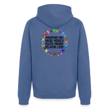 Gegen Rassismus - Unisex Premium Bio Zip Hoodie - Taubenblau - Hinten - Nico (187cm)