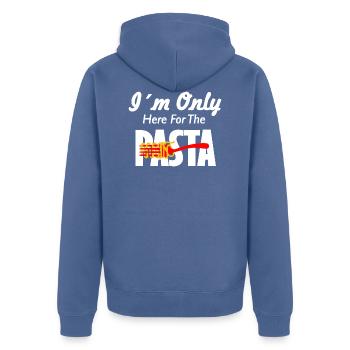 Pasta Shirt Ich bin nur für die Pasta da - Unisex Premium Bio Zip Hoodie - Taubenblau - Hinten - Nico (187cm)