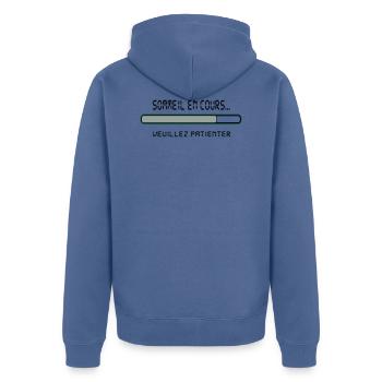 sommeil_en_cours,message,humour,drôle - Veste à capuche bio Premium Unisexe - bleu pigeon - Dos - Nico (187cm)
