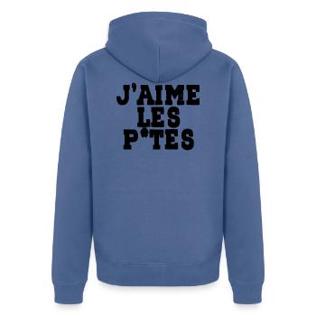 j'aime les p*tes - Veste à capuche bio Premium Unisexe - bleu pigeon - Dos - Nico (187cm)