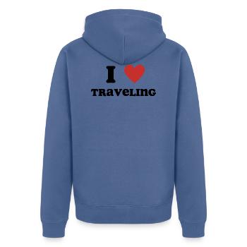 I Love Traveling - Unisex Premium Organic Zip Hoodie - stone blue - Back - Nico (187cm)