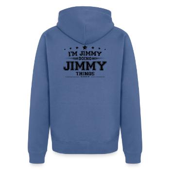 Ich bin Jimmy, der Jimmy Dinge macht - Unisex Premium Bio Zip Hoodie - Taubenblau - Hinten - Nico (187cm)