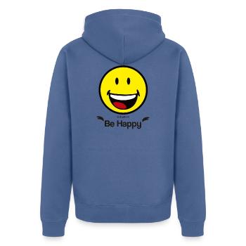 SmileyWorld "Sei glücklich" - Unisex Premium Bio Zip Hoodie - Taubenblau - Hinten - Nico (187cm)