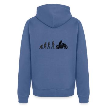 Motorradfahrer - Menschliche Evolution - Unisex Premium Bio Zip Hoodie - Taubenblau - Hinten - Nico (187cm)