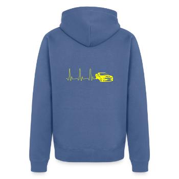 EKG HERZLINIE SPORTAUTO gelb - Unisex Premium Bio Zip Hoodie - Taubenblau - Hinten - Nico (187cm)