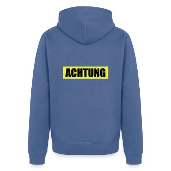 Achtung - Attention - Unisex Premium Bio Zip Hoodie - Taubenblau - Hinten - Nico (187cm)