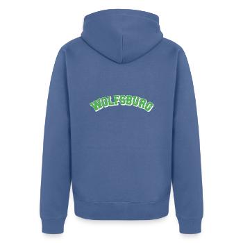 Wolfsburg College - Unisex Premium Bio Zip Hoodie - Taubenblau - Hinten - Nico (187cm)