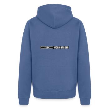 nobody cares work harder - Unisex Premium Organic Zip Hoodie - stone blue - Back - Nico (187cm)