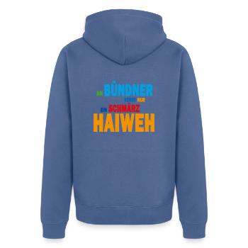 An Bündner kennt nur ein schmärz Haiweh - Unisex Premium Bio Zip Hoodie - Taubenblau - Hinten - Nico (187cm)