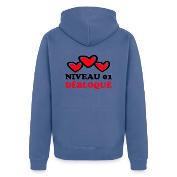 Cotton Wedding, 1 Year Anniversary Gift from Mariag - Unisex Premium Organic Zip Hoodie - stone blue - Back - Nico (187cm)
