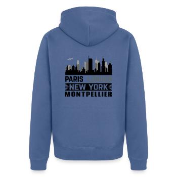 montpellier Paris London New-York - Veste à capuche bio Premium Unisexe - bleu pigeon - Dos - Nico (187cm)