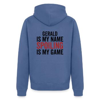 Gerald is My Name Spoiling is My Game - Unisex Premium Organic Zip Hoodie - stone blue - Back - Nico (187cm)