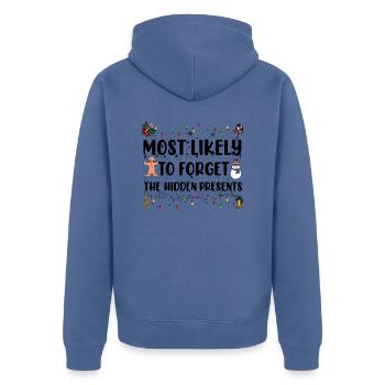 Most Likely To Forget The Hidden Presents Family - Unisex Premium Organic Zip Hoodie - stone blue - Back - Nico (187cm)