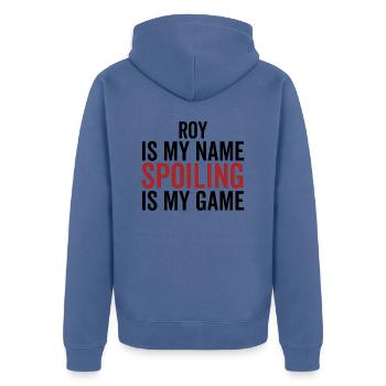 Roy is My Name Spoiling is My Game - Unisex Premium Organic Zip Hoodie - stone blue - Back - Nico (187cm)