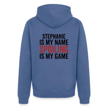 Stephanie is My Name Spoiling is My Game - Unisex Premium Organic Zip Hoodie - stone blue - Back - Nico (187cm)
