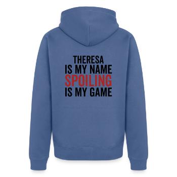 Theresa ist mein Name Verderben ist mein Spiel - Unisex Premium Bio Zip Hoodie - Taubenblau - Hinten - Nico (187cm)