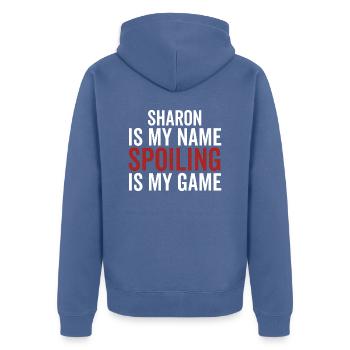 Sharon est mon nom Spoiling est mon jeu - Veste à capuche bio Premium Unisexe - bleu pigeon - Dos - Nico (187cm)