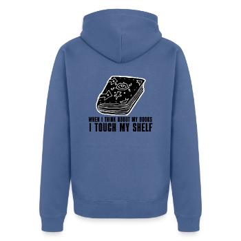 when i think about my books i touch my shelf - Unisex Premium Organic Zip Hoodie - stone blue - Back - Nico (187cm)