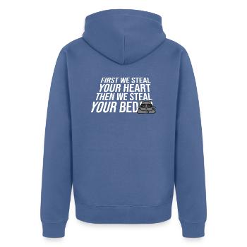 First We Steal Your Heart Then We Steal Your Bed - Unisex Premium Organic Zip Hoodie - stone blue - Back - Nico (187cm)