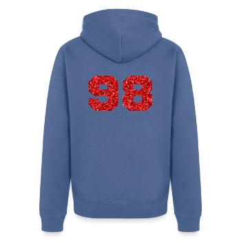 Number 98 Red Glitter - 98th Anniversary - Unisex Premium Organic Zip Hoodie - stone blue - Back - Nico (187cm)