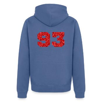 Numéro 93 paillettes rouge - 93e anniversaire - Veste à capuche bio Premium Unisexe - bleu pigeon - Dos - Nico (187cm)