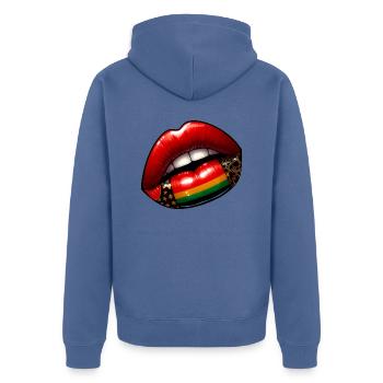 Kuss der Eleganz, rote Lippen - Unisex Premium Bio Zip Hoodie - Taubenblau - Hinten - Nico (187cm)