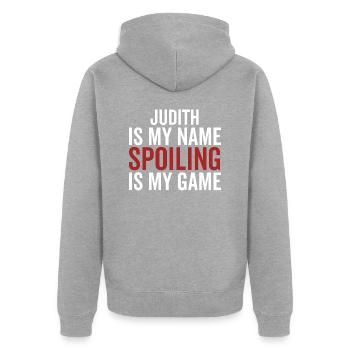 Judith ist mein Name Verderben ist mein Spiel - Unisex Premium Bio Zip Hoodie - Grau meliert - Hinten - Nico (187cm)