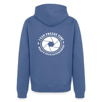 I can freeze Time What´s your Superpower? - Unisex Premium Bio Zip Hoodie - Taubenblau - Hinten - Nico (187cm)